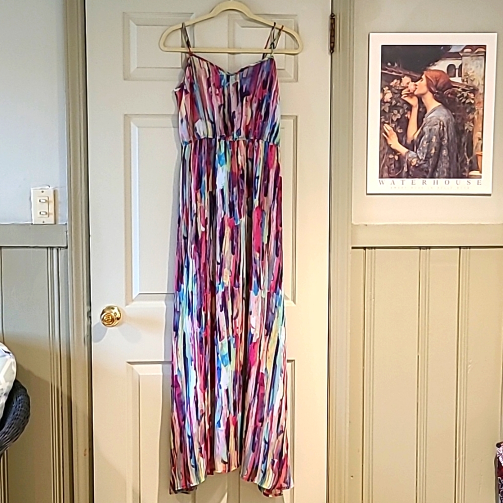 SAKS 5/48 NWOT Chiffon Multicolor Maxi, lined, elasticized empire. Tall 6.